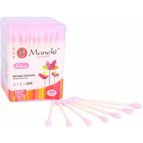 Палочки ватные гигиенические MANEKI Lovely с розовым стиком в пластиковой коробке 150 шт